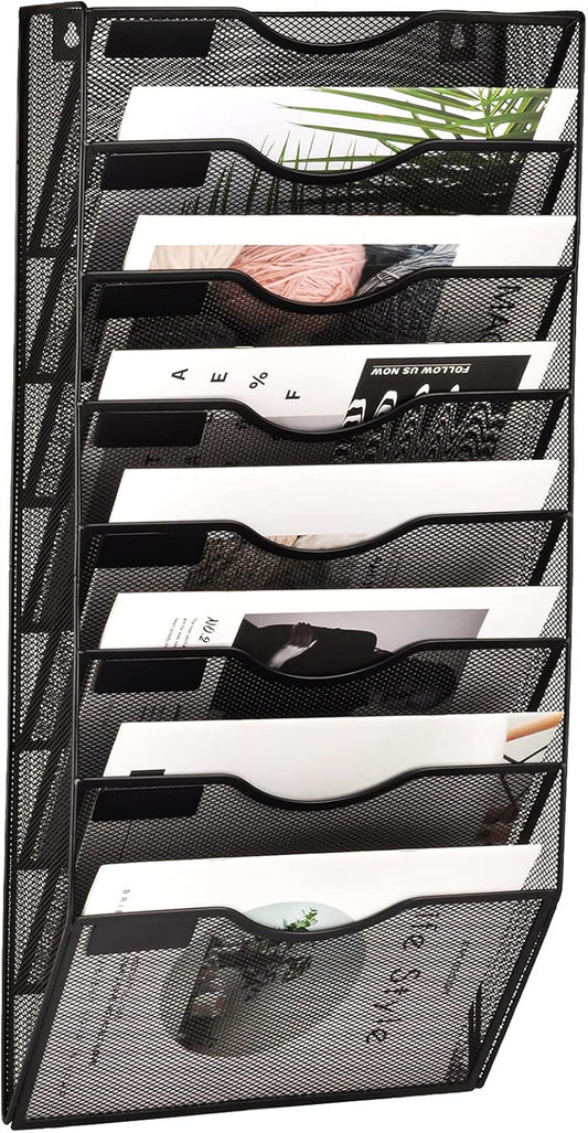 8 Pocket Mesh Hanging Wall File Organizer, Wall Mounted Mail Paper Document Folder Holder, Clipboard Storage Organization Magazine Rack with Nametag Label for Office Home School, Black